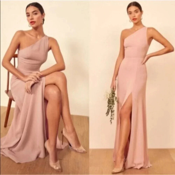Reformation Dresses & Skirts - NWT Reformation Evelyn Dress Blush Pink One Shoulder Maxi Slit Bridesmaid 0